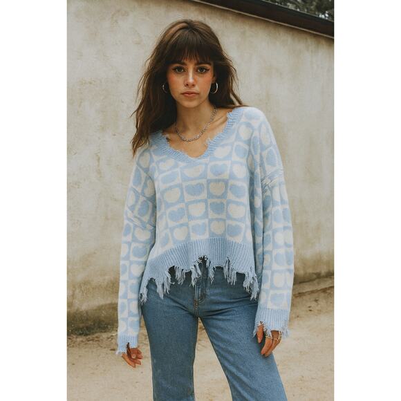 Just Polly Checker Heart Graphic Sweater Blue Deconstructed Fringe L Grunge Y2K - Picture 1 of 5